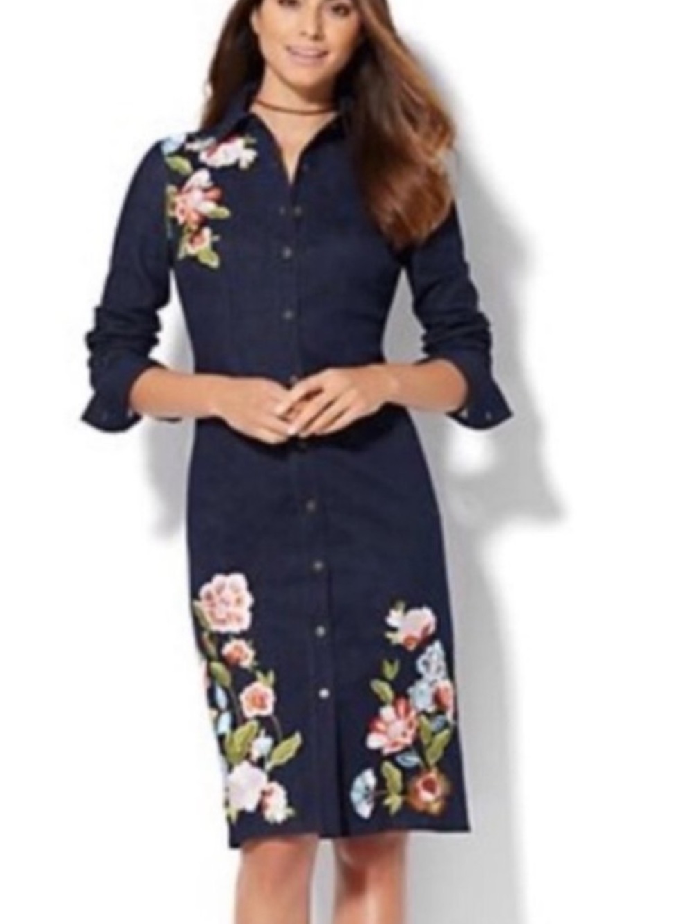New York & Company Navy Floral Embroidered Long-Sleeve Shirt Dress Small